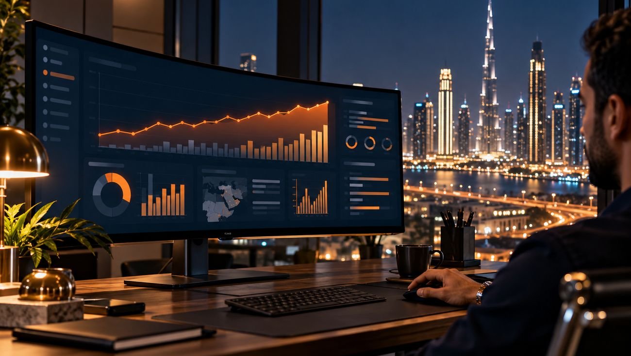 Advertising dashboard with a rising sales trend, Dubai skyline at night