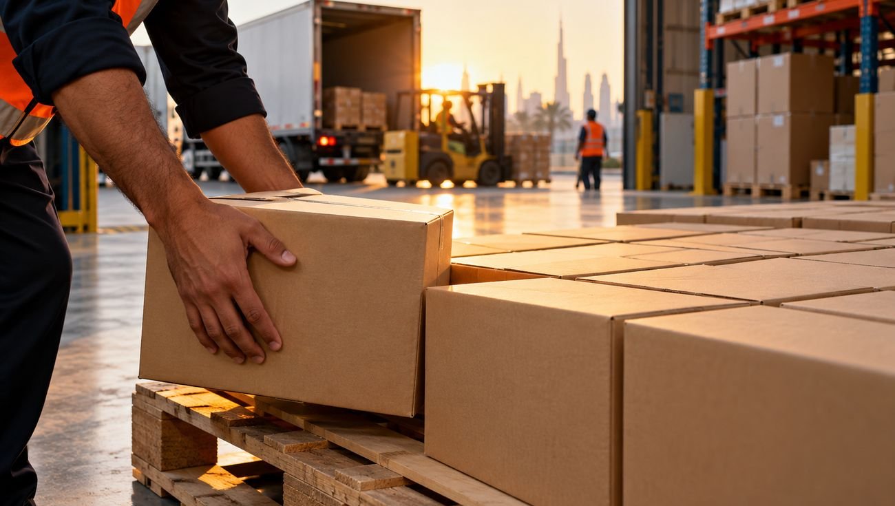 First cartons of a new brand loaded onto a pallet in a Gulf warehouse