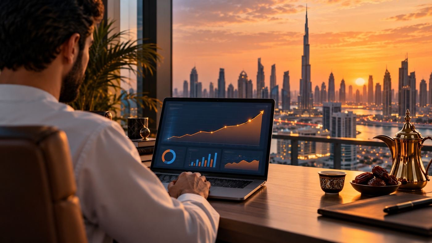 Seller reviewing a rising sales dashboard overlooking Burj Khalifa at sunset
