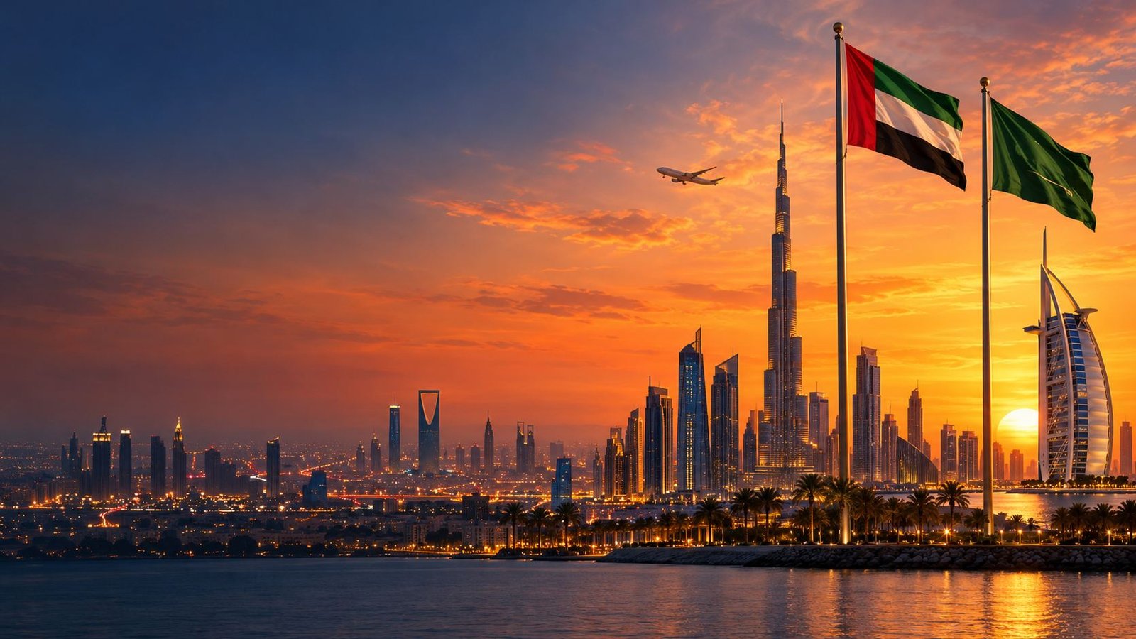 UAE and Saudi flags over the Gulf skyline with Burj Khalifa, Burj Al Arab and Kingdom Centre at sunset