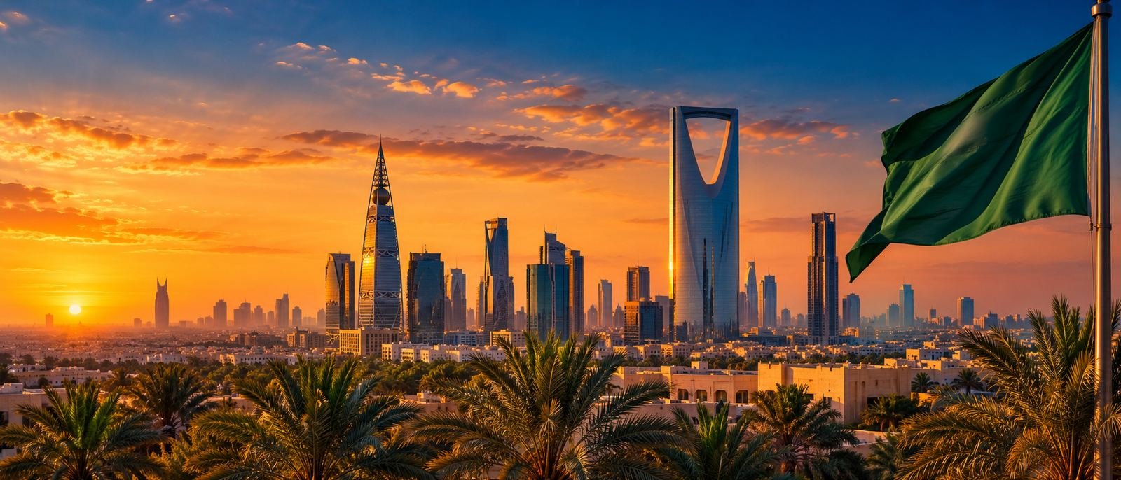 Saudi flag over the Riyadh skyline with Kingdom Centre and Al Faisaliah at sunset
