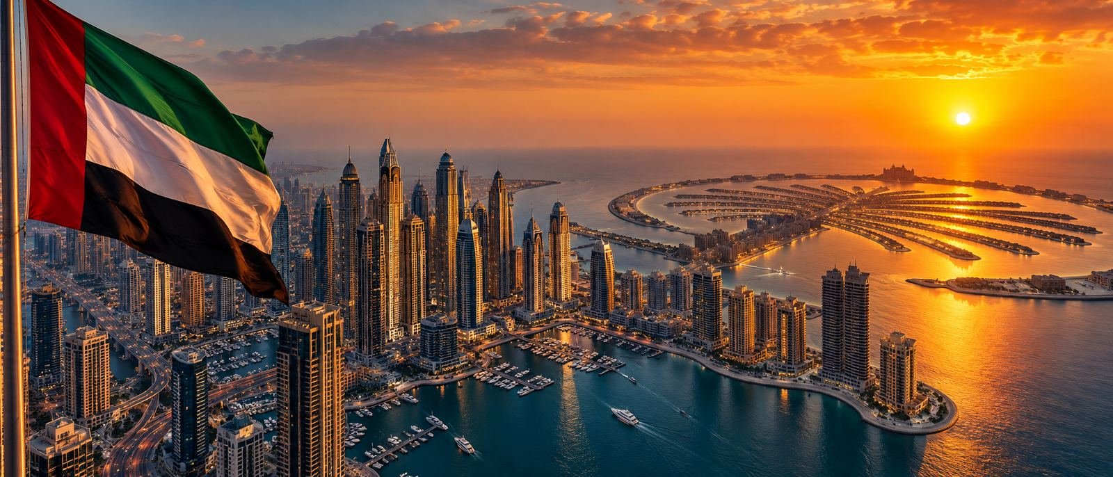 UAE flag over Dubai Marina and Palm Jumeirah at sunset