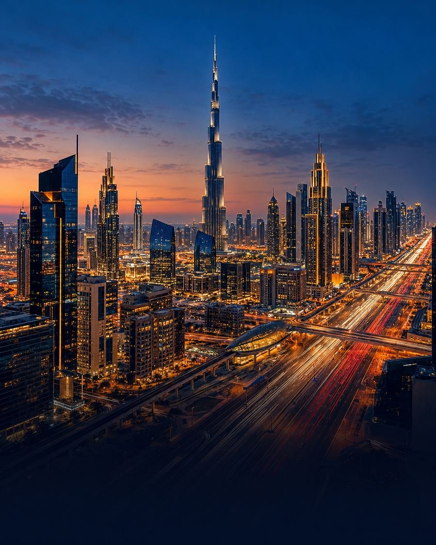 Sheikh Zayed Road and Burj Khalifa at blue hour with light trails