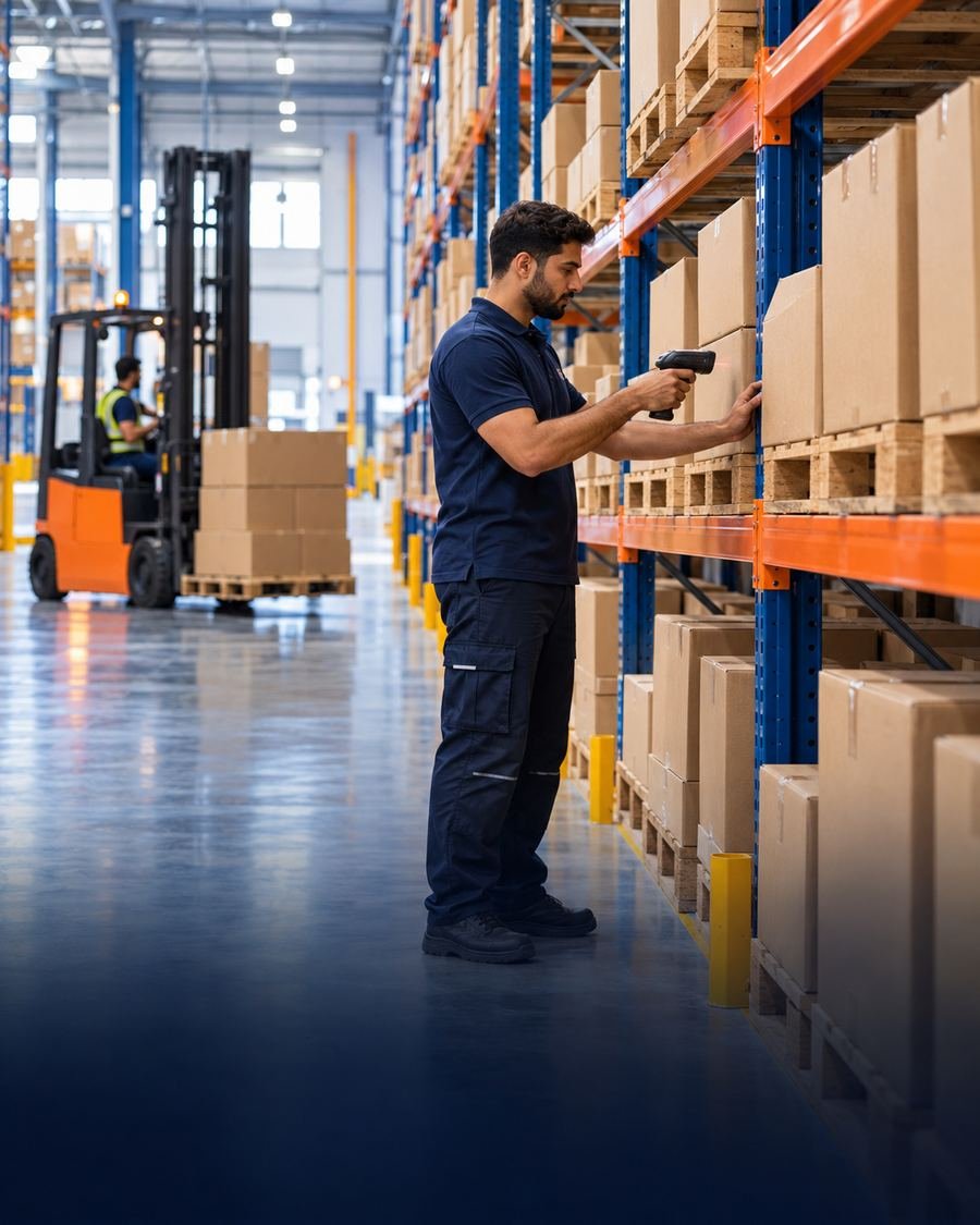 Warehouse worker scanning cartons in a Gulf fulfilment warehouse