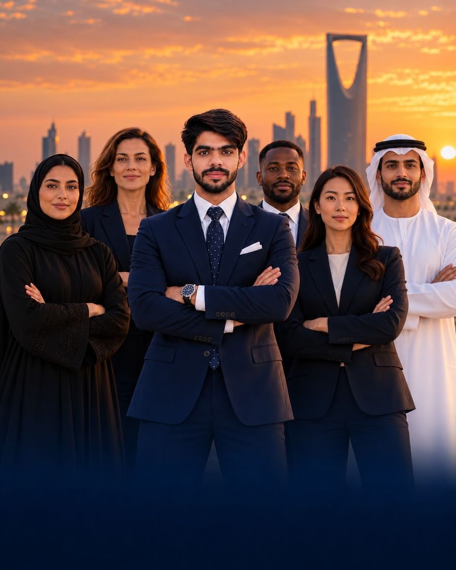 International business team in Riyadh at sunset with Kingdom Centre behind