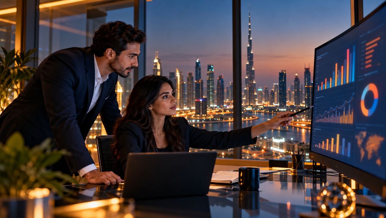 Account managers reviewing sales dashboards in a Dubai office at dusk