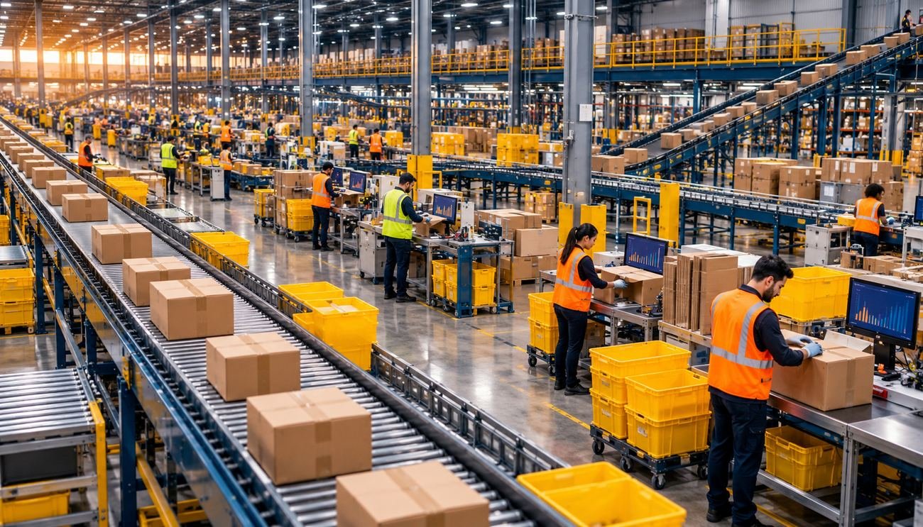 Large e-commerce fulfilment centre with conveyor belts, cartons and packing stations