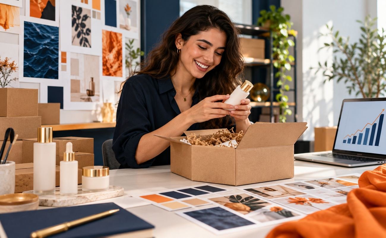 Founder unboxing the first samples of a new skincare brand beside a rising sales chart