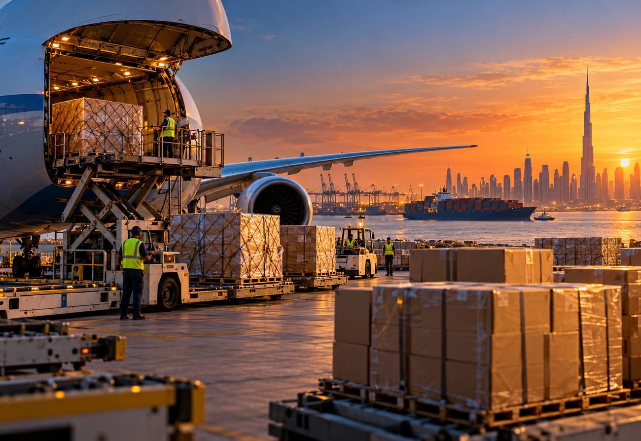 Cargo plane being loaded at a Dubai cargo terminal at sunset, container ship and Burj Khalifa behind