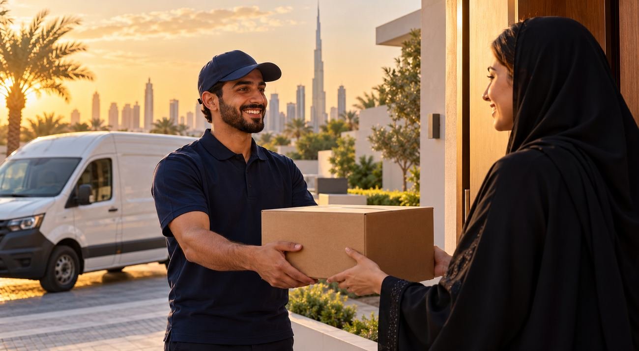 Delivery driver handing a parcel to a customer at a Dubai villa at golden hour