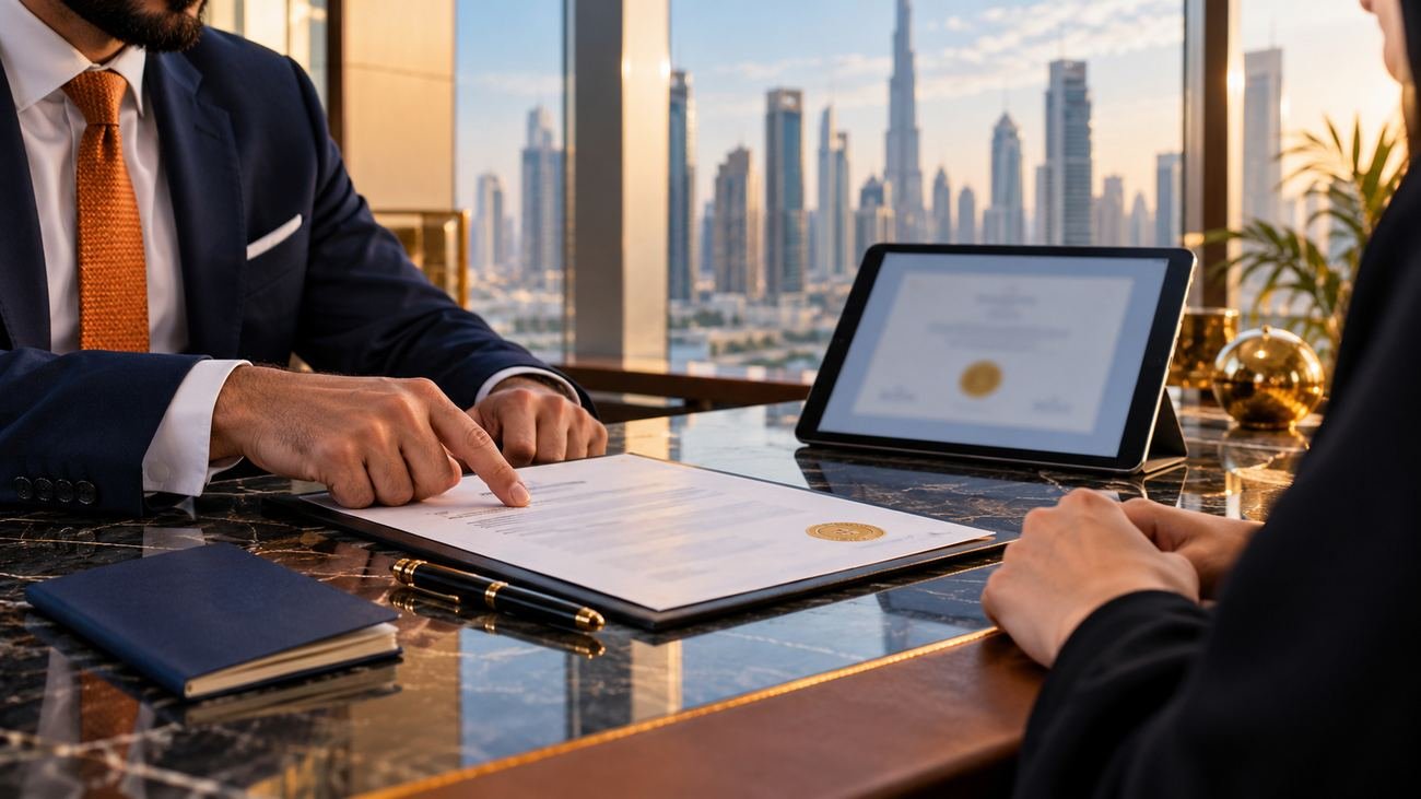 Consultant pointing to a stamped VAT certificate on a desk overlooking the Dubai skyline