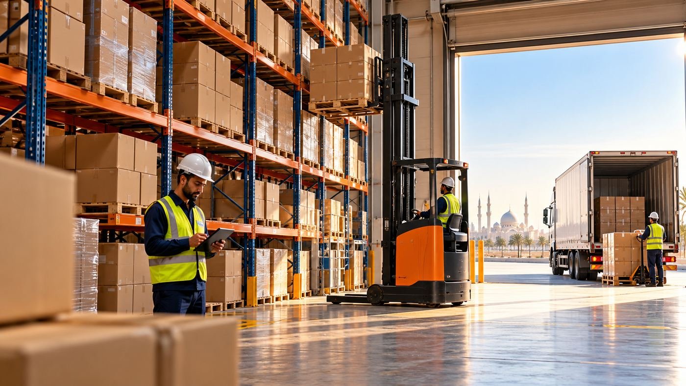 Gulf warehouse with pallet racking, reach truck and a loading bay