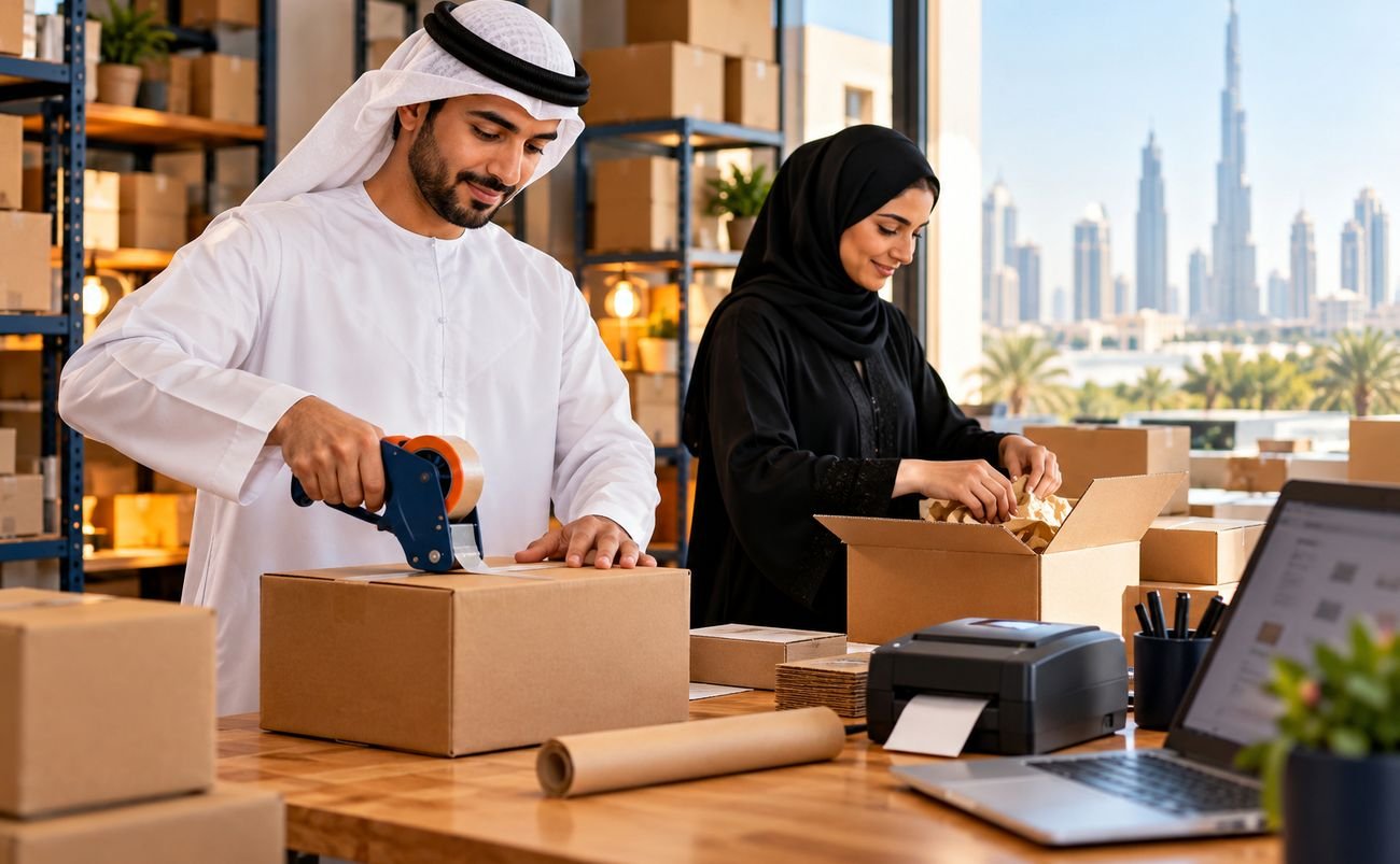 Emirati sellers packing orders in a Dubai stockroom
