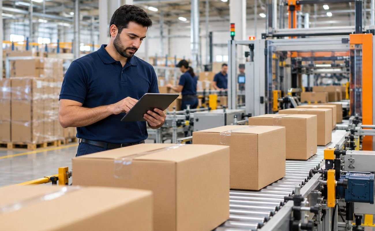 Factory manager checking export cartons on a production line